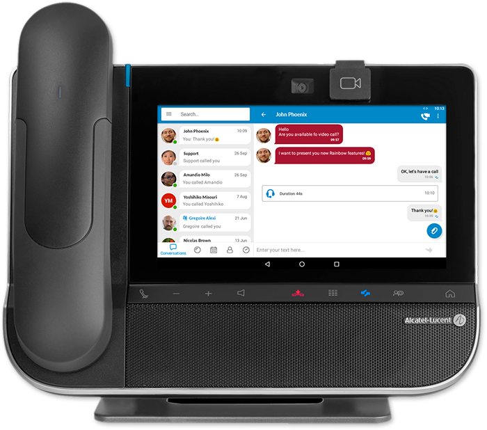 Deskphone with an active video call between two people