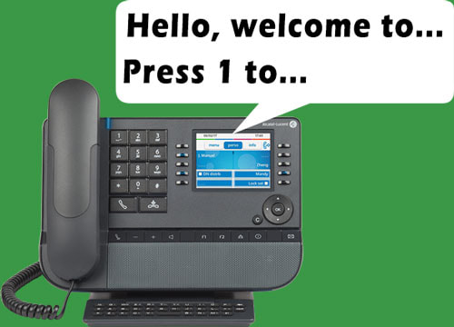 Deskphone with word bubble showing the auto-attendant welcome message