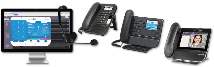 Softphone on a PC with headset and three business deskphones