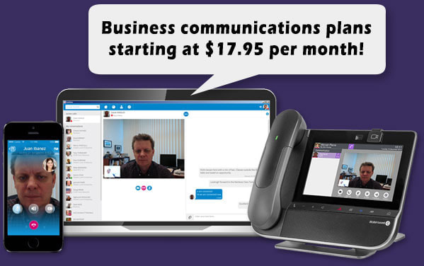 A deskphone, a smartphone, and a laptop computer show a video call underway.  A caption offers business communications plans starting at $17.95 per month.