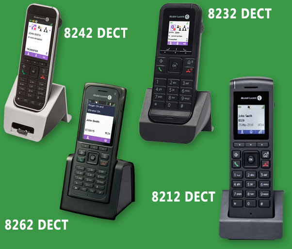 Family of DECT phones, including the Alcatel-Lucent 8262, 8242, 8232, and 8212